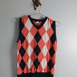 J. Crew Mens Vest Nerdy Classic Sweater Sleevless Salmon Pink Checkered Argyle‎